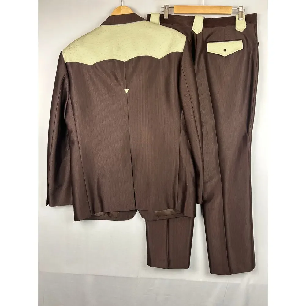 Saxifon Western Faux Ostrich Leather Suit Jacket Pants Brown/Ivory Men's 42/36
